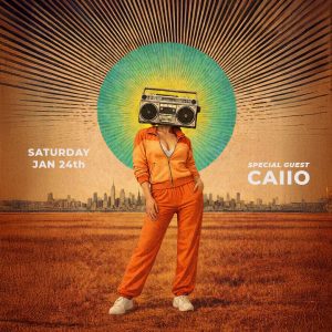 Square event poster with a retro collage style—an orange-tracksuit figure with a boombox for a head stands in a field, with a city skyline in the distance and teal/yellow sunburst rays behind them. Text reads “Saturday Jan 24th” and “Special Guest Caiio.