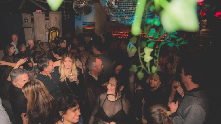Crowd gathered and dancing beneath disco balls at a house music event in Orange County.